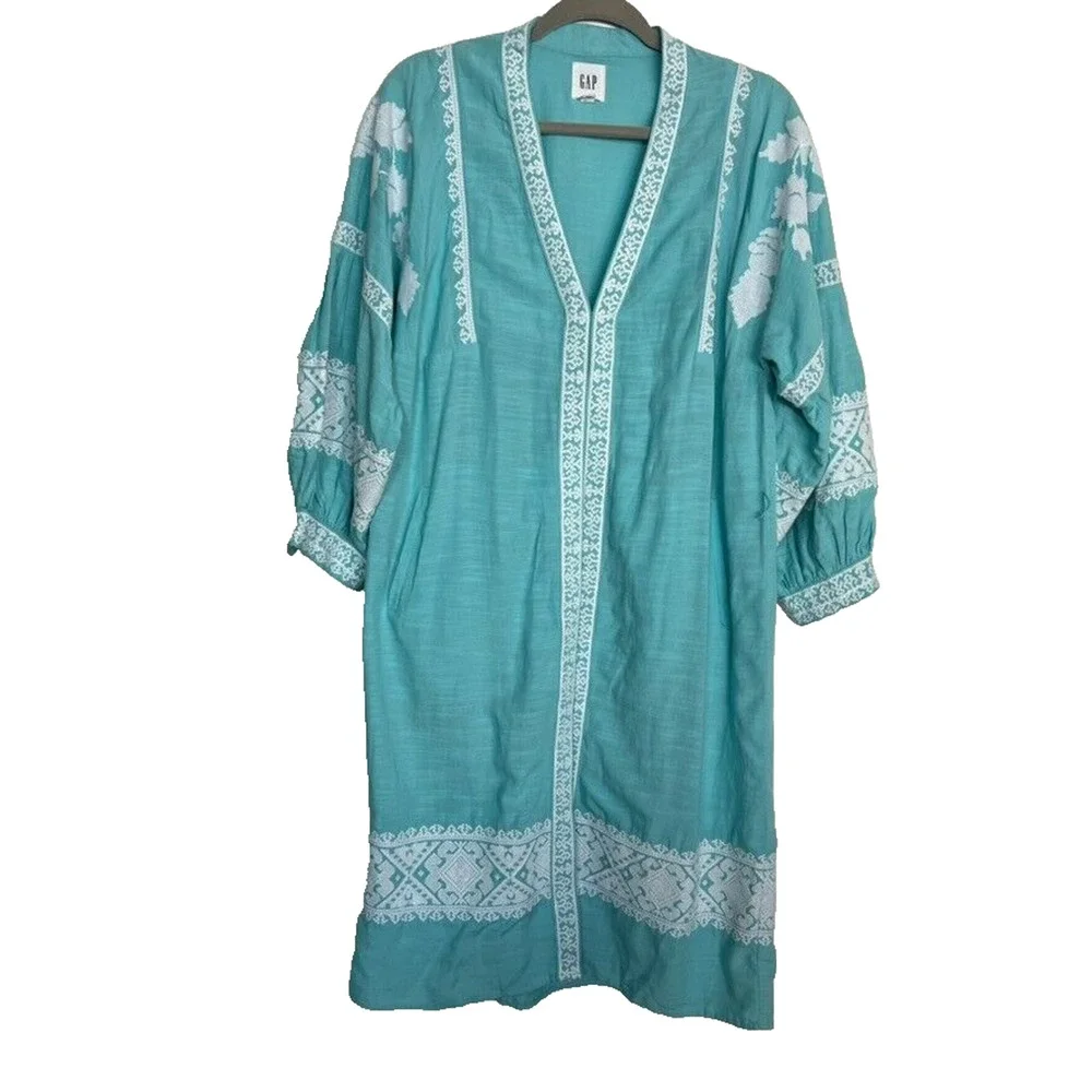Gap Robe Jacket Womens S/M Embroidered Balloon Sleeve Ice Water Blue